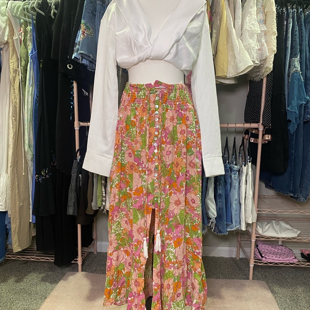 Rachel Zoe Floral Button-Front Maxi Skirt in Pink & Orange